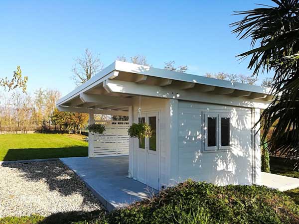 Tettoia per auto in legno Round biposto con box, senza arcate anteriori e sporto anteriore/posteriore uguale – R01310